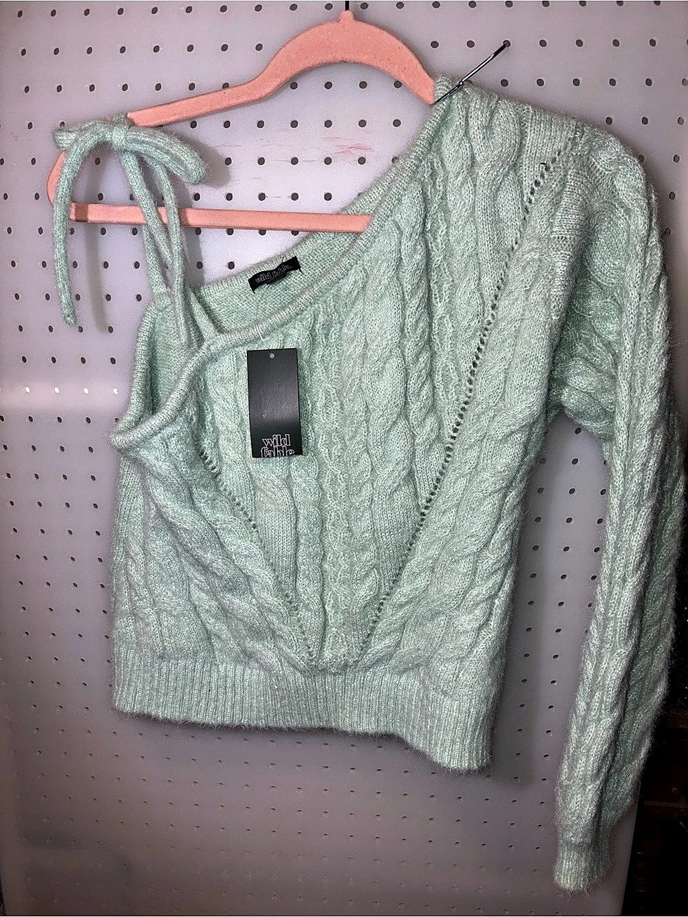 Wild Fable Mint Green One-Shoulder Cable Knit Sweater Medium